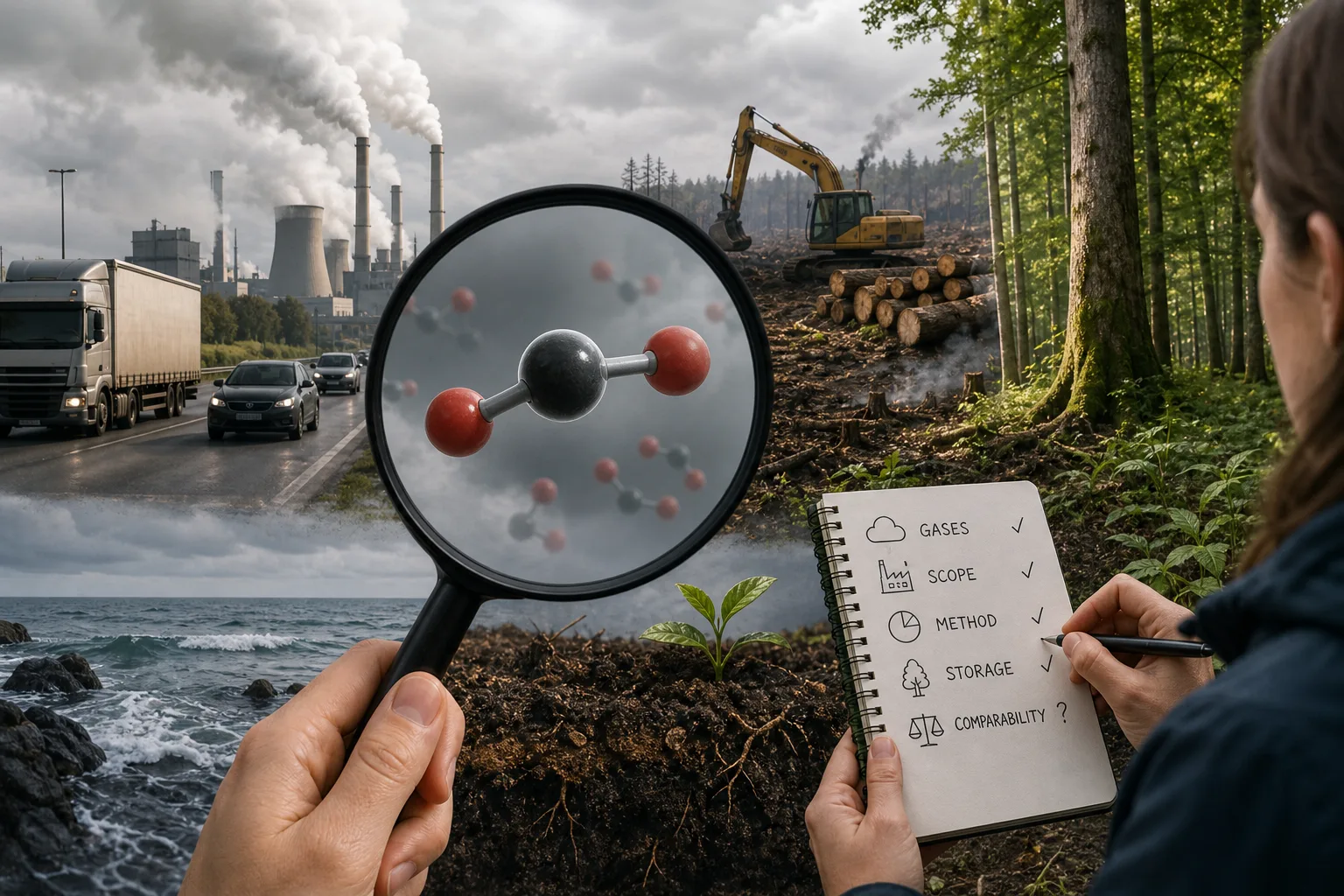 Person holding magnifying glass showing carbon dioxide molecules near industrial pollution and deforestation scenes