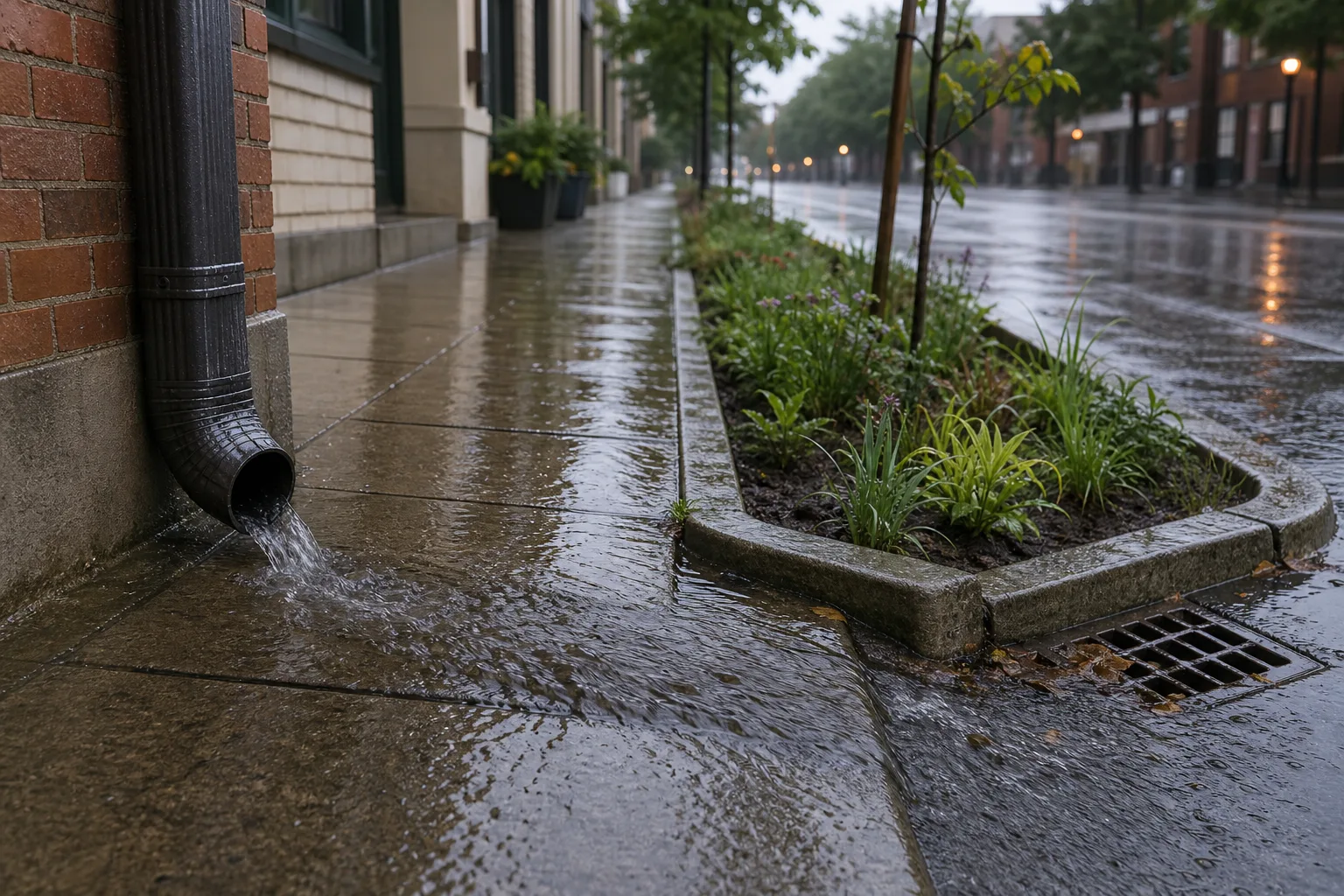 Rainwater flowing from a downspout onto a wet city sidewalk next to a planted curbside garden