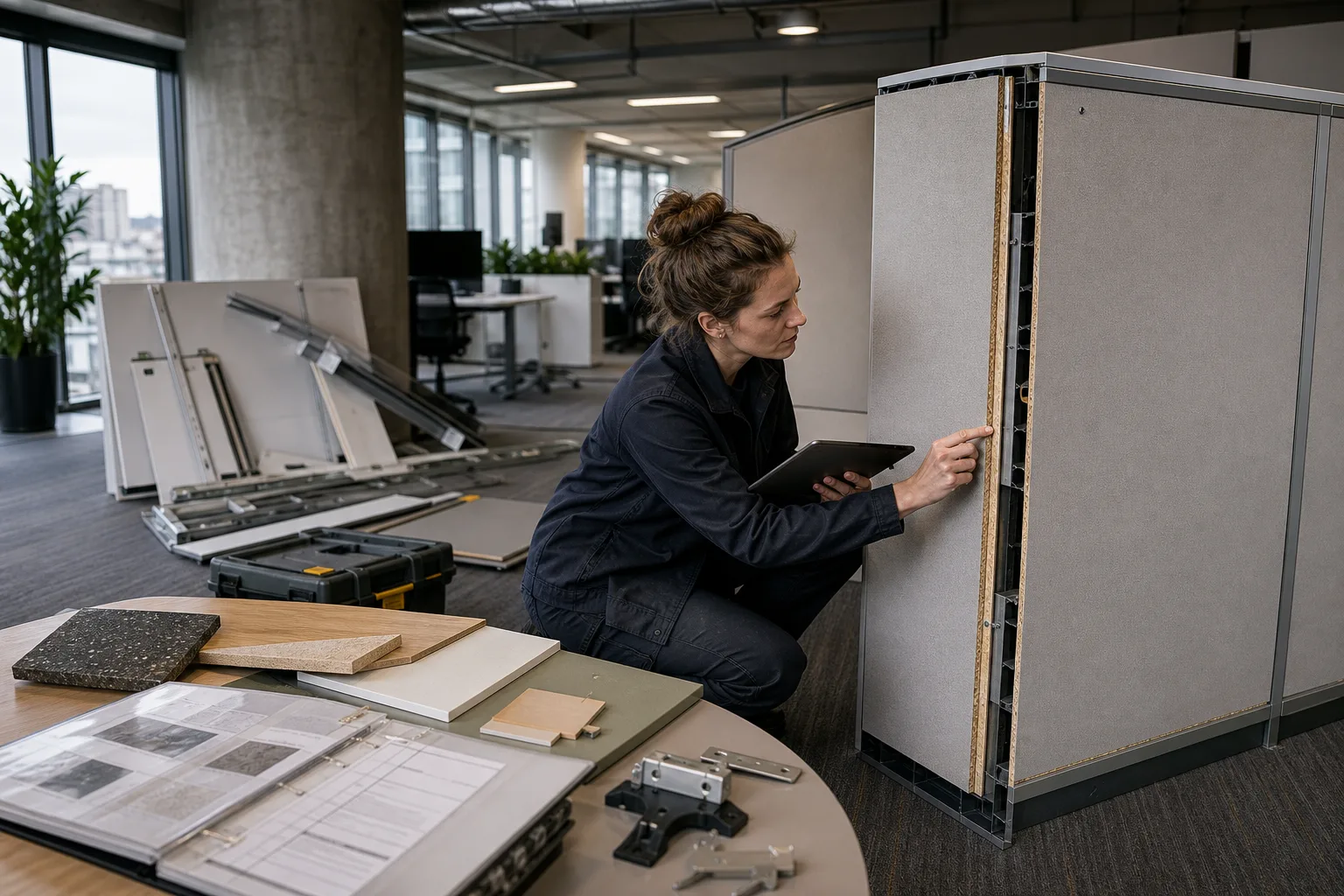 Woman examining the inside structure of a modular office partition while holding a tablet