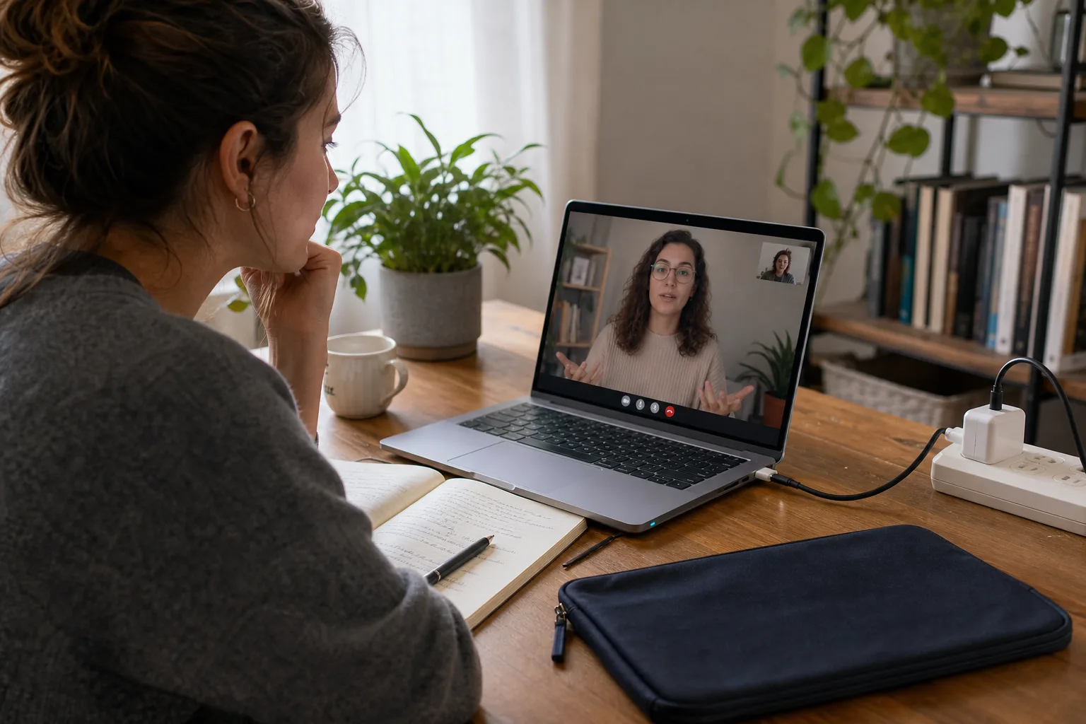 Woman participating in video call on laptop at wooden desk with notebook and pen
