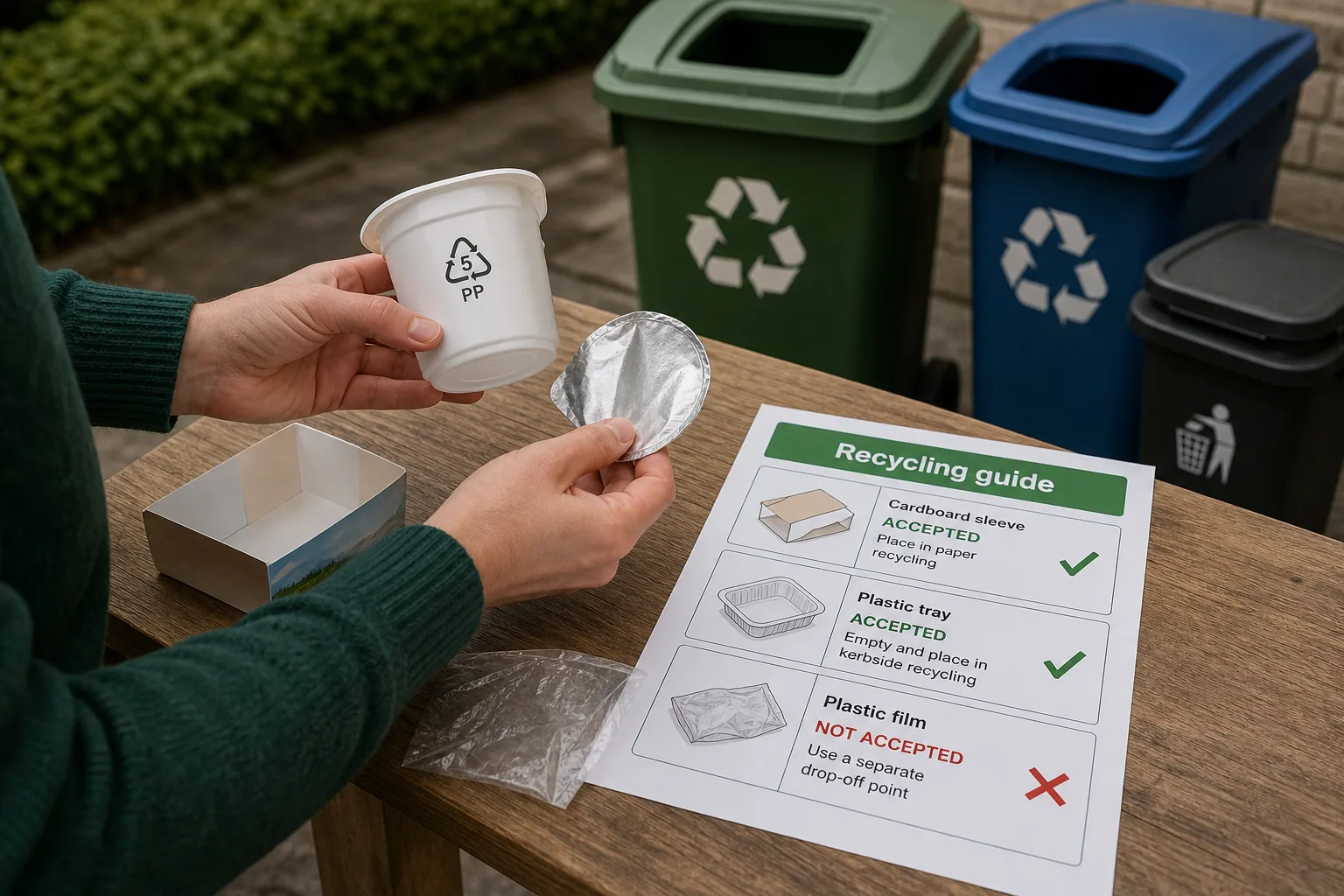 Person holding plastic container and foil lid next to recycling guide on wooden table with recycling bins in background