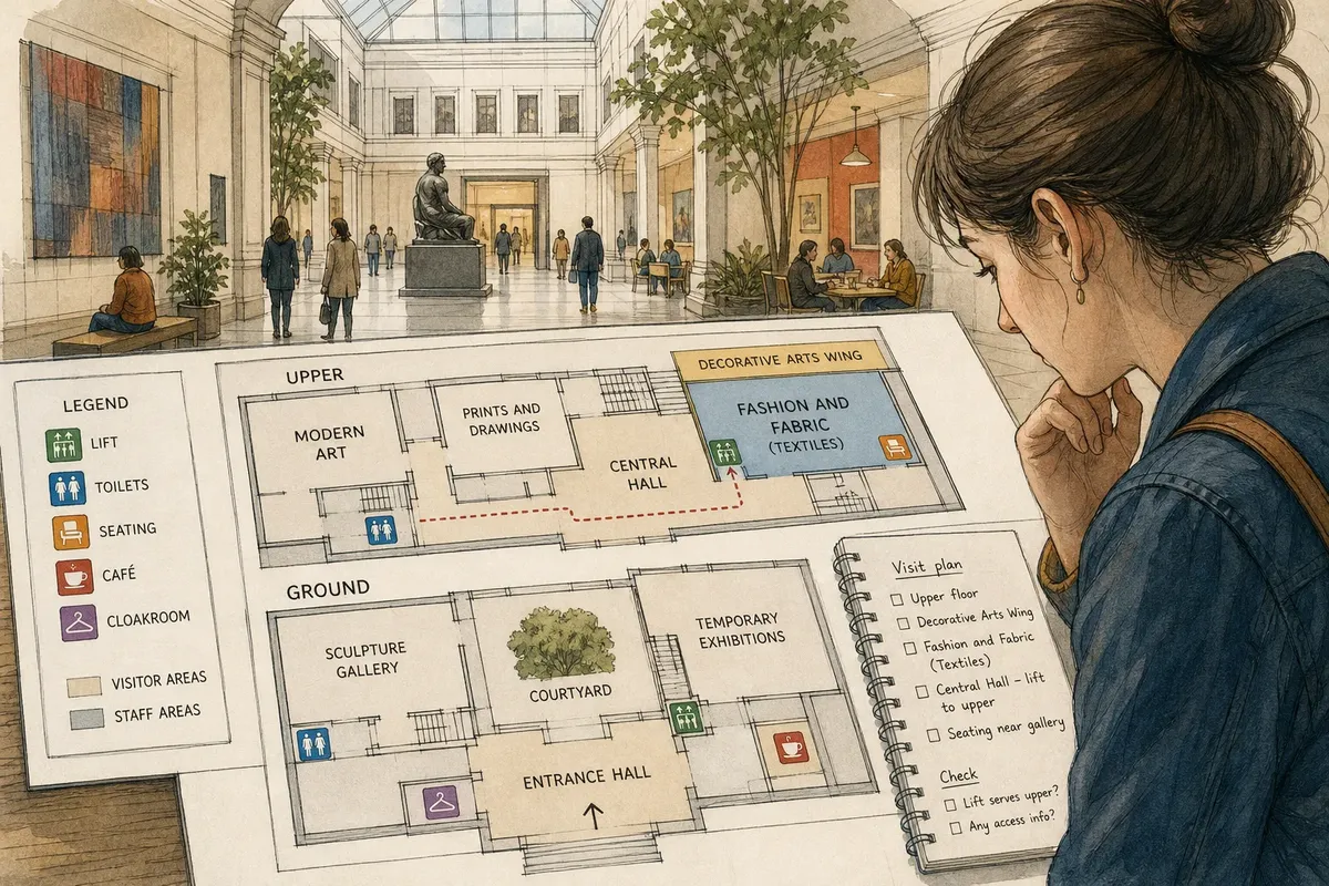 Young woman studying a detailed museum floor plan inside a bright gallery with visitors and sculptures