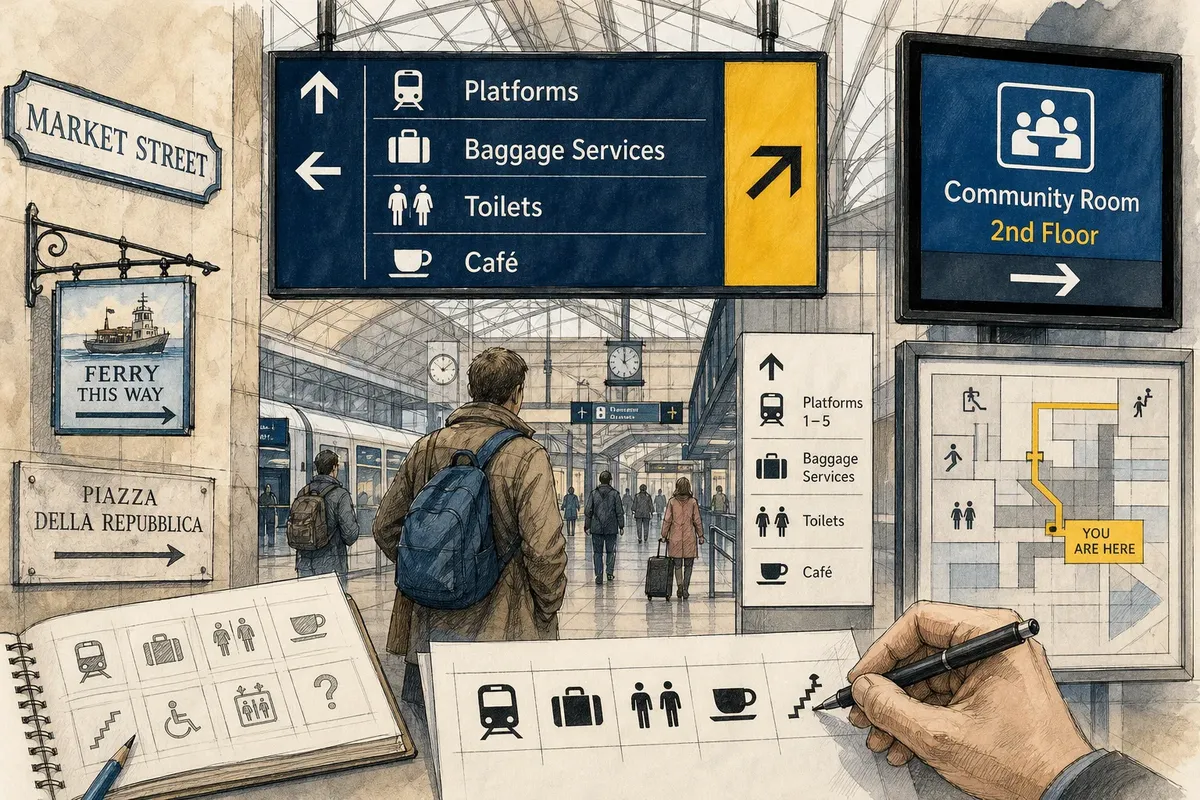 People walking inside a train station with various blue and white directional signs and travel pictograms