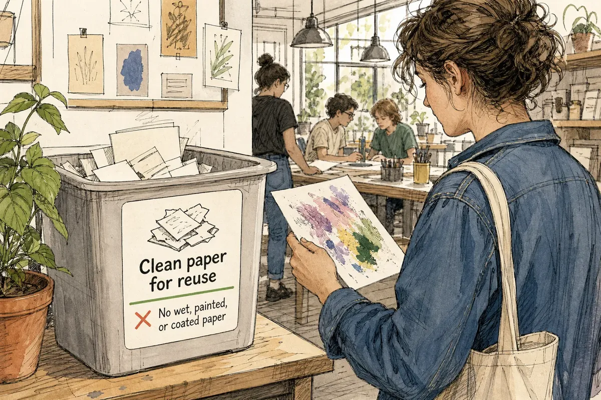 Woman holding painted paper stands near bin labeled for clean paper reuse in a bright art room