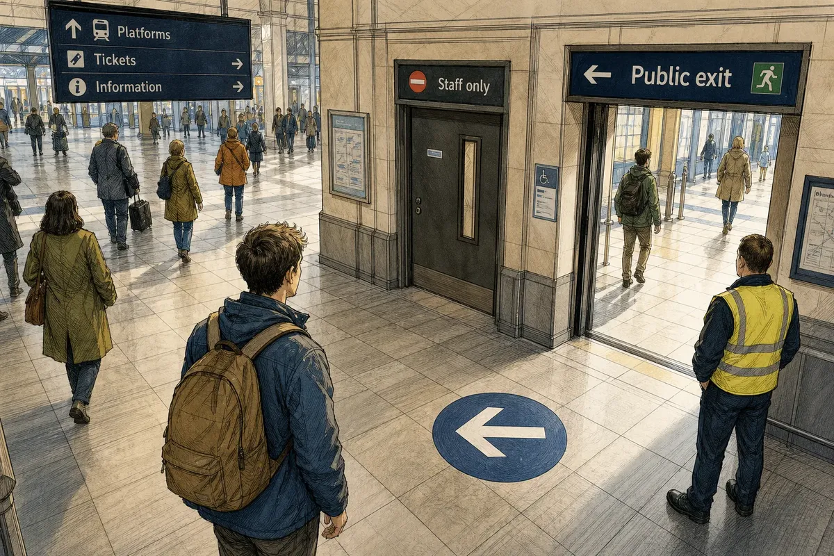 People walking through a large train station with signage for platforms, tickets, public exit, and staff only areas under bright indoor lighting