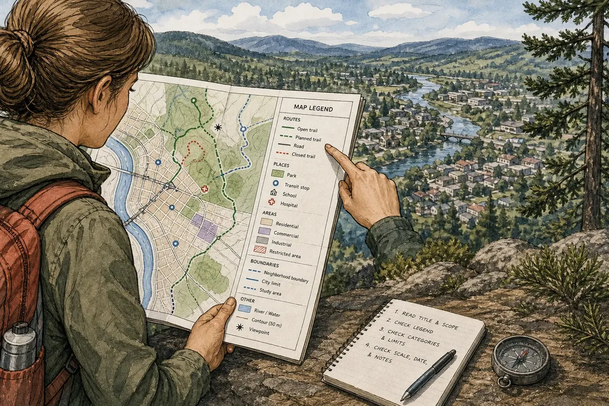 Person holding a map and pointing at its legend while overlooking a river town from a forested hillside
